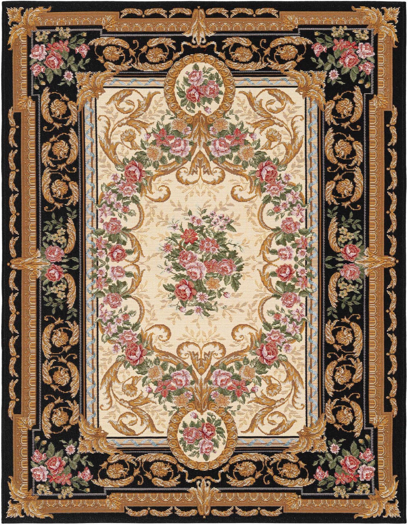 A 4x6 rectangular black and ivory rug with a traditional floral pattern and ornate gold accents, suitable for indoor or outdoor use.