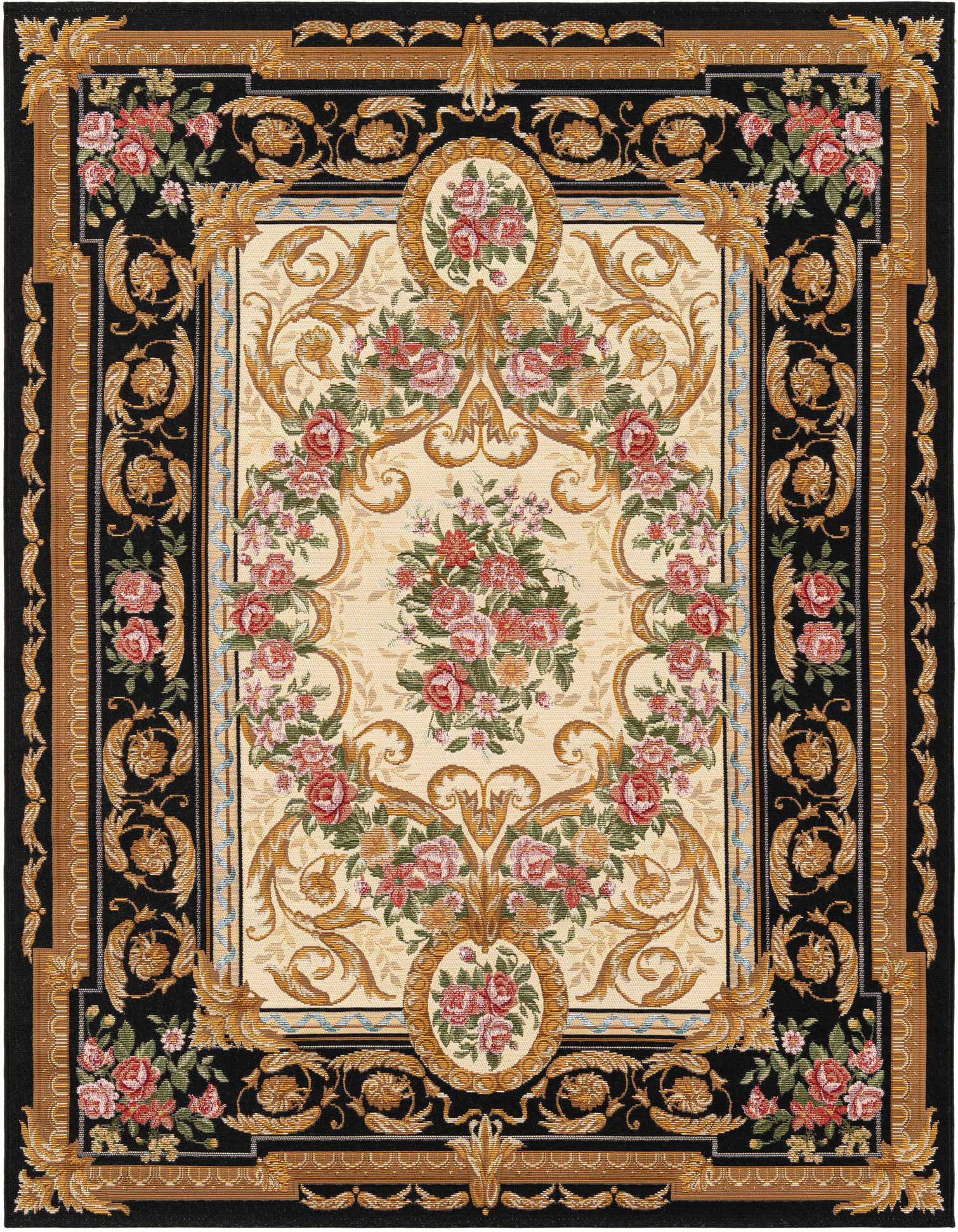 A 5x7 rectangular black and ivory traditional rug with a central floral medallion and ornate gold scrollwork.
