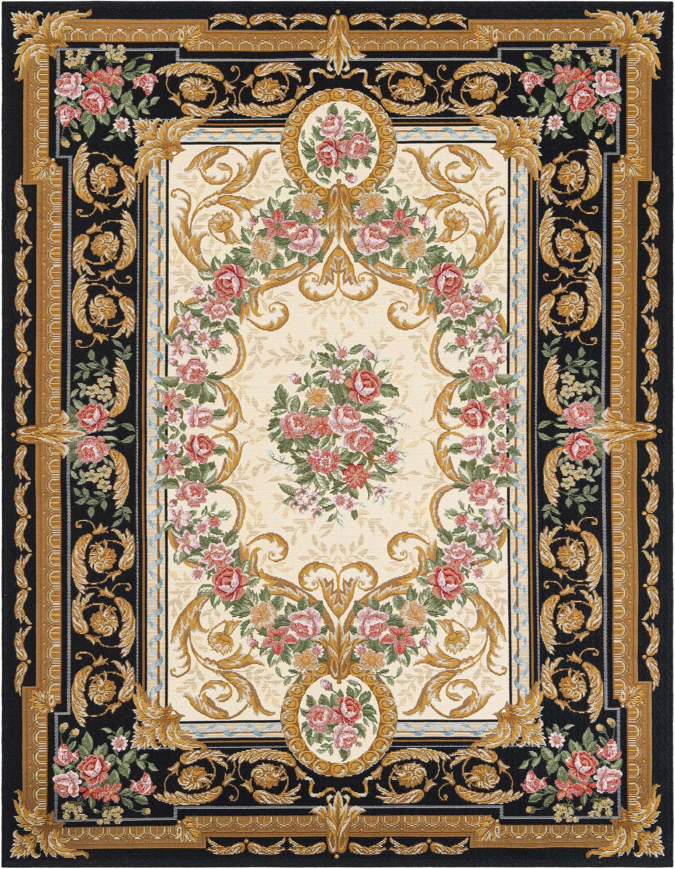 A 5x8 rectangular black and ivory traditional rug with an ornate floral medallion pattern, suitable for indoor or outdoor use.