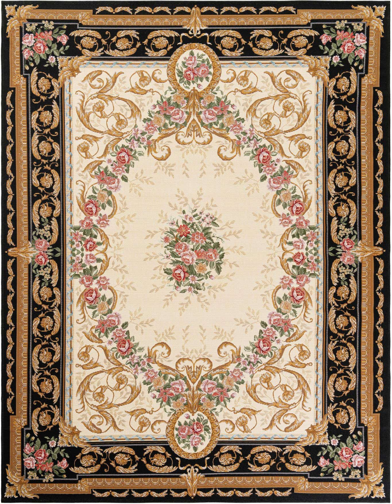 A 6x9 rectangular Rugs.com Outdoor Traditional rug featuring a black border with gold scrollwork and a cream center with a floral bouquet.