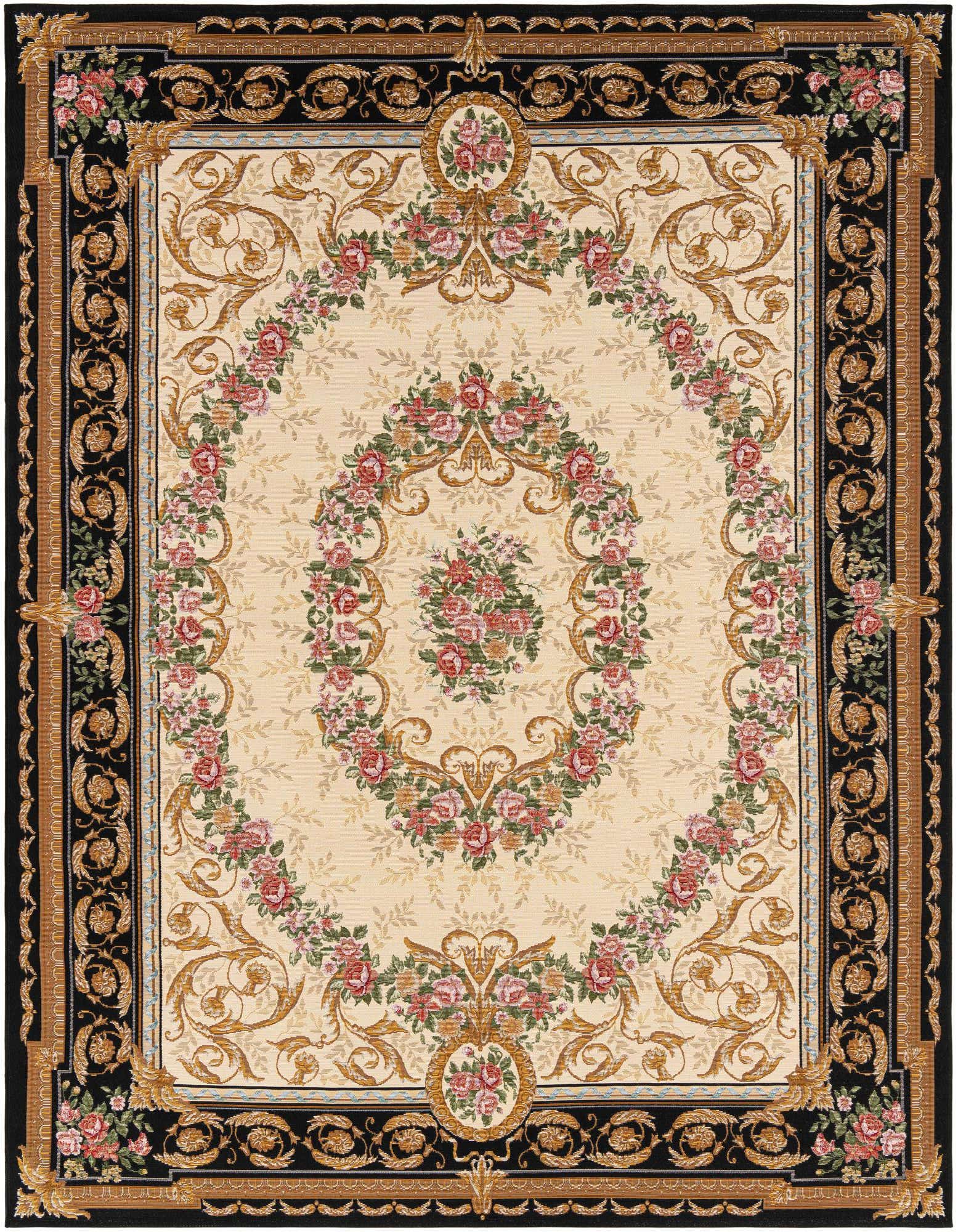 An 8x10 rectangular black and ivory traditional rug with a central floral medallion and ornate border.