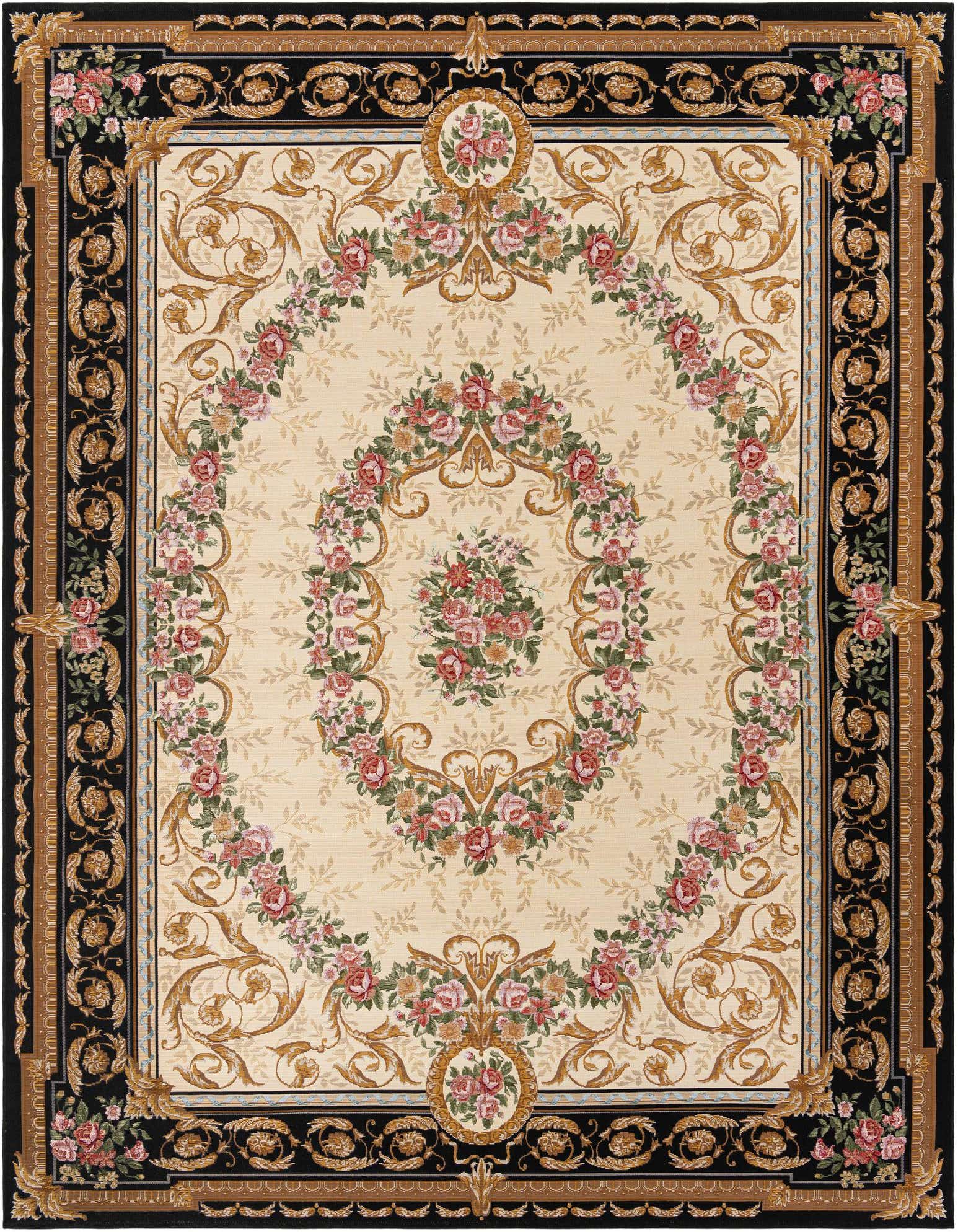 A 9x12 rectangular indoor/outdoor rug featuring a traditional Oriental design with a black border and an ivory/cream center, adorned with pink and red floral medallions and gold scrollwork.