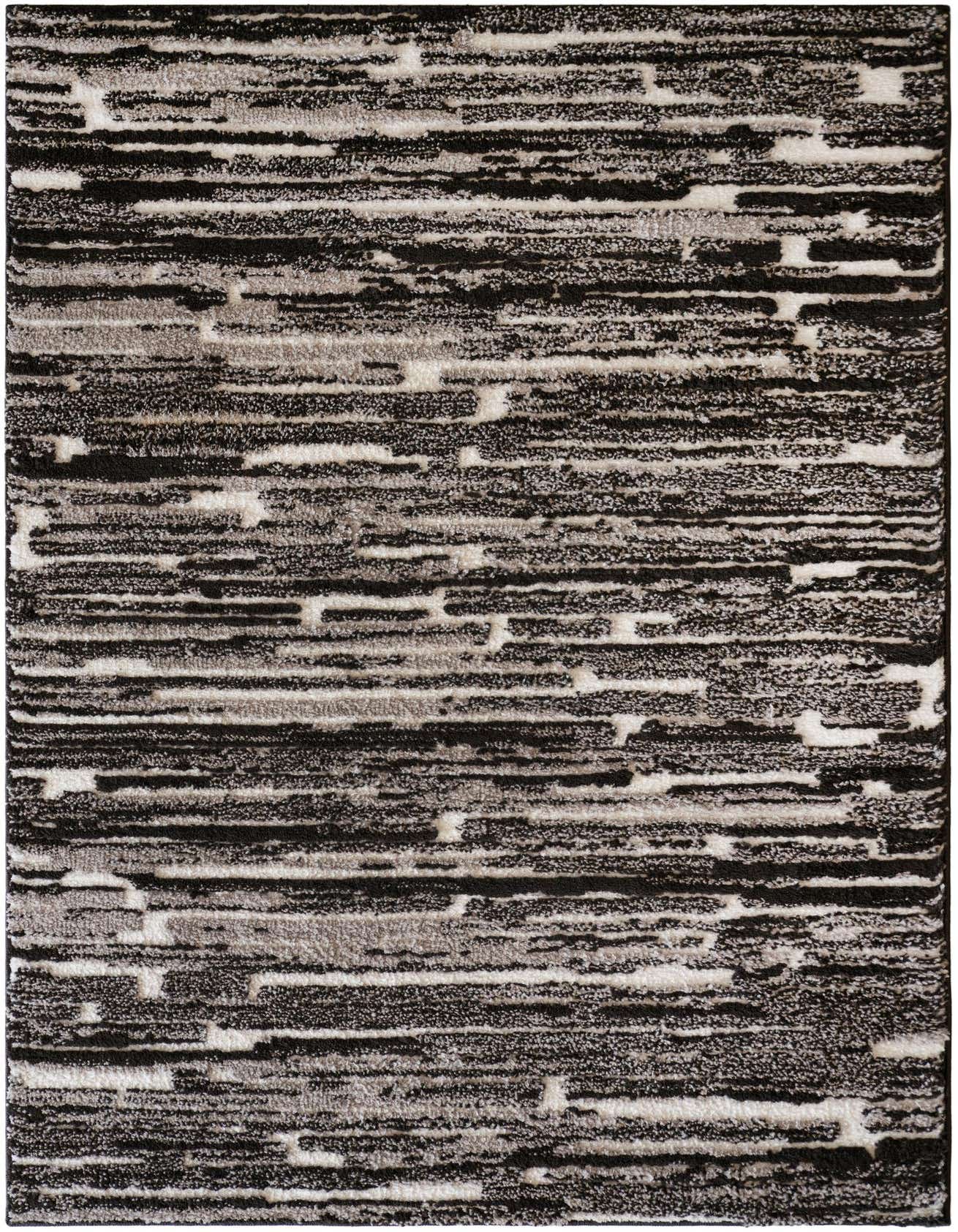 A 4x6 rectangular Rugs.com Sepia rug featuring a modern abstract pattern in black, ivory, and cream, with a textured medium pile.