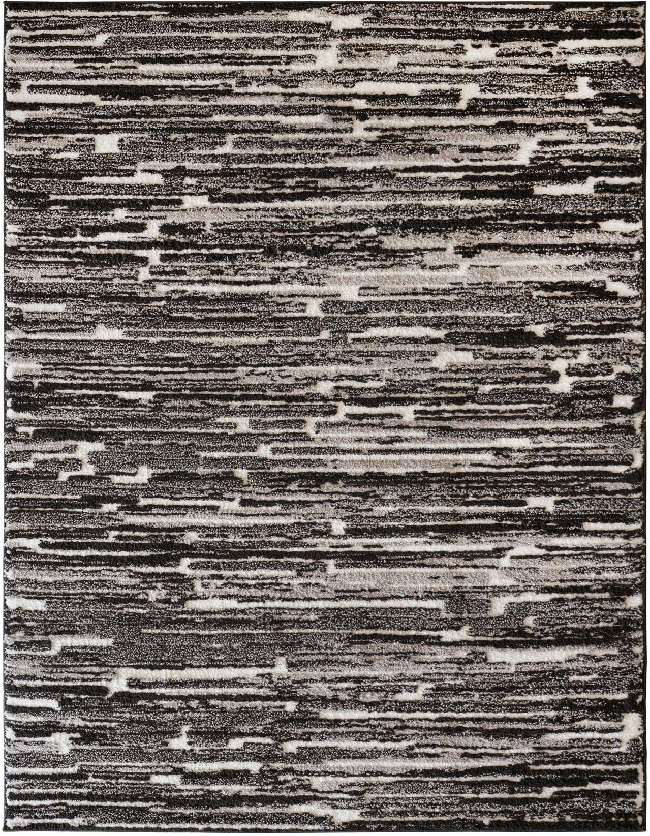 A 5x8 rectangular modern abstract rug in black, ivory, and cream, featuring a textured horizontal stripe pattern.
