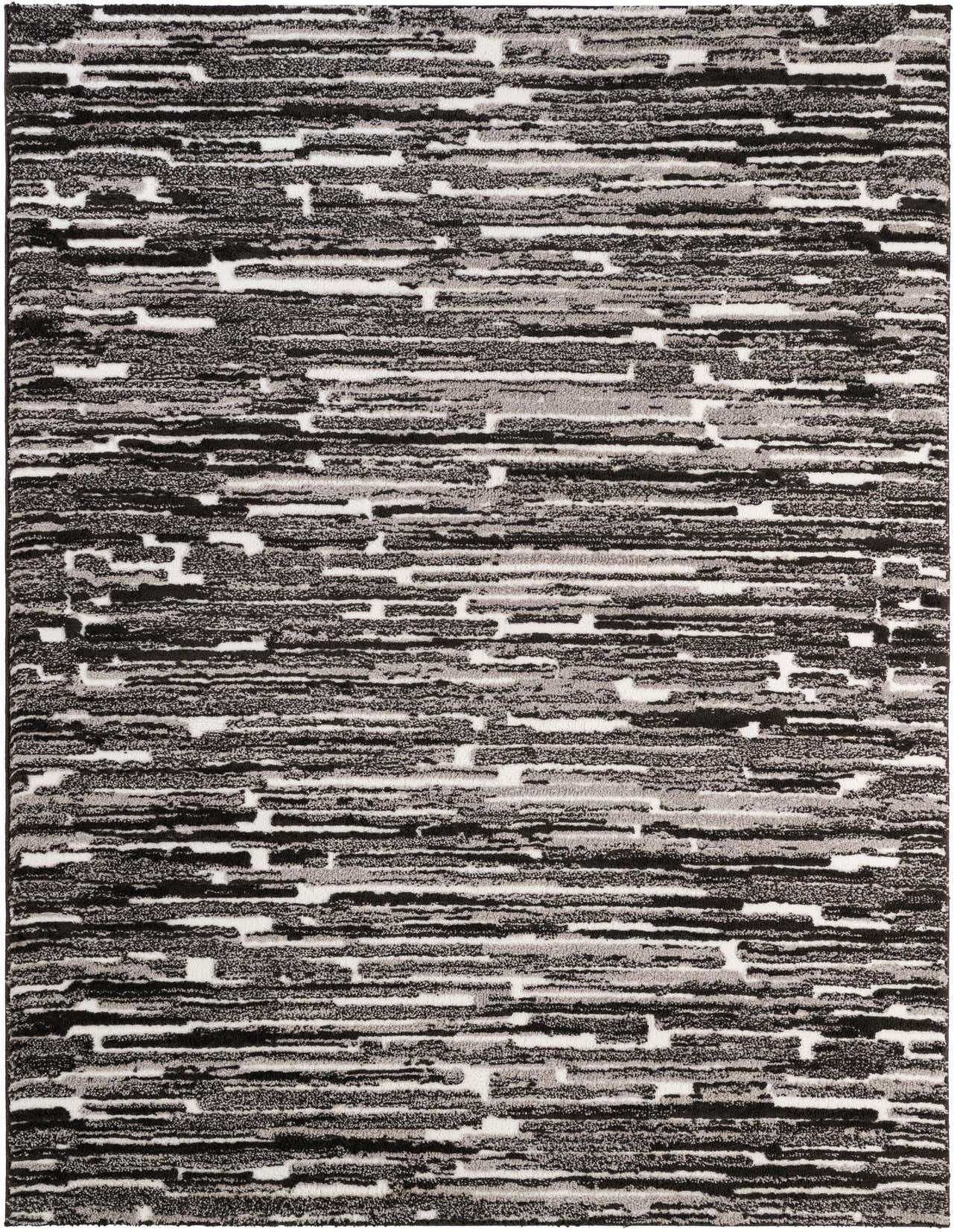 A 6x9 rectangular Rugs.com Sepia rug featuring a modern abstract pattern in black, charcoal, and ivory tones, ideal for a living room.