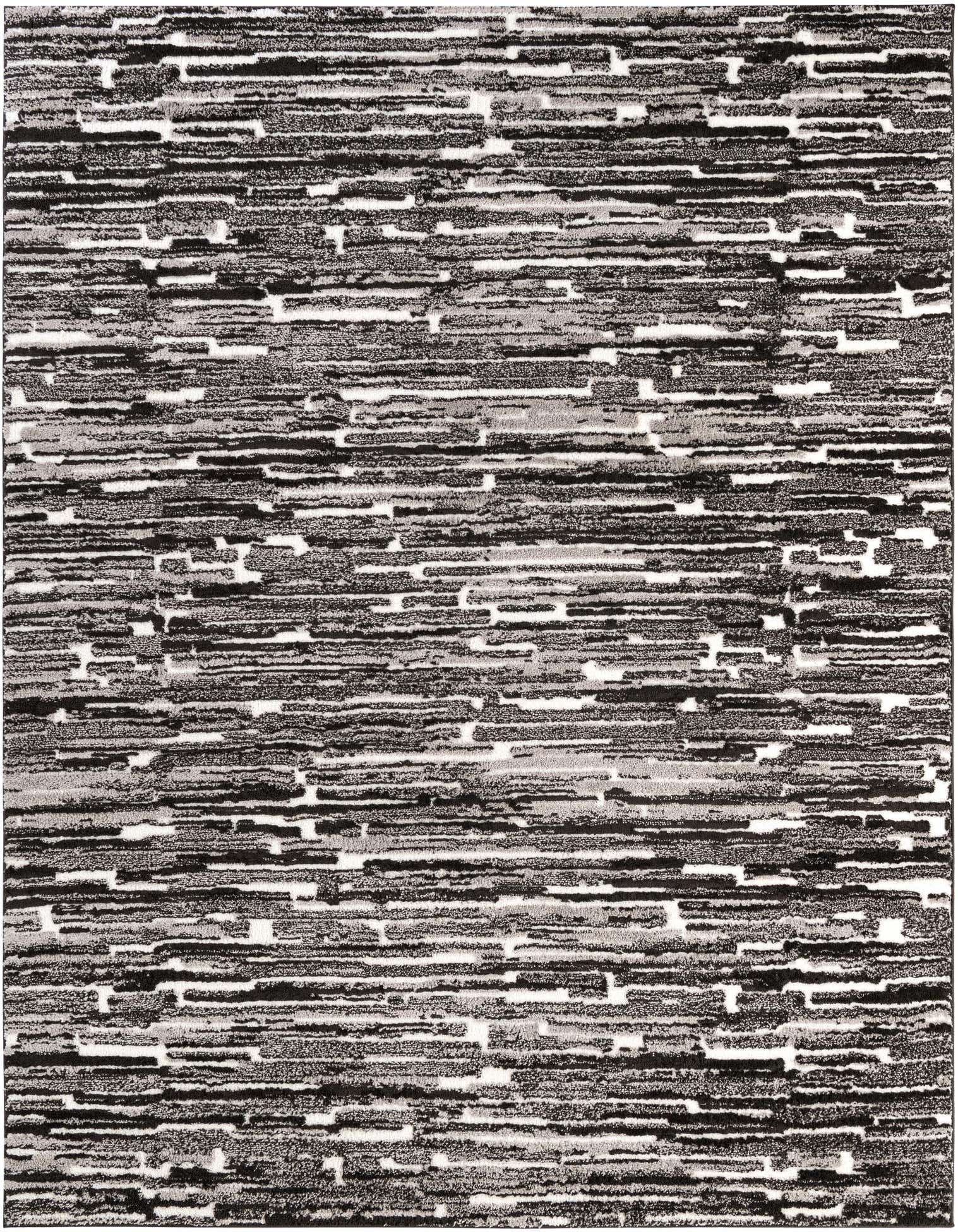 An 8x10 rectangular Rugs.com Sepia rug featuring a modern abstract pattern in blacks and ivories/creams.