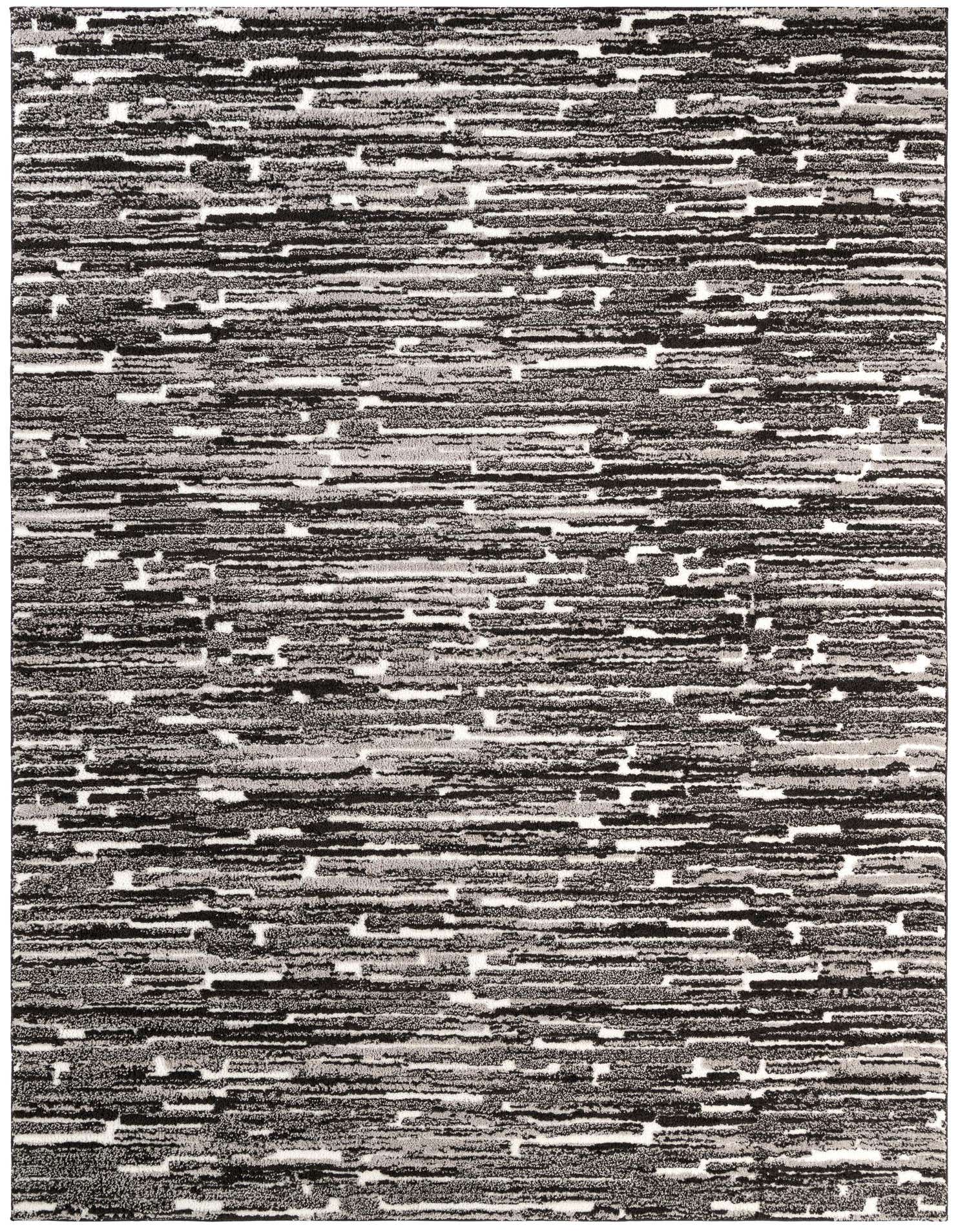 A 9x12 rectangular area rug featuring a textured, abstract pattern of horizontal stripes in varying shades of black, charcoal, and ivory.