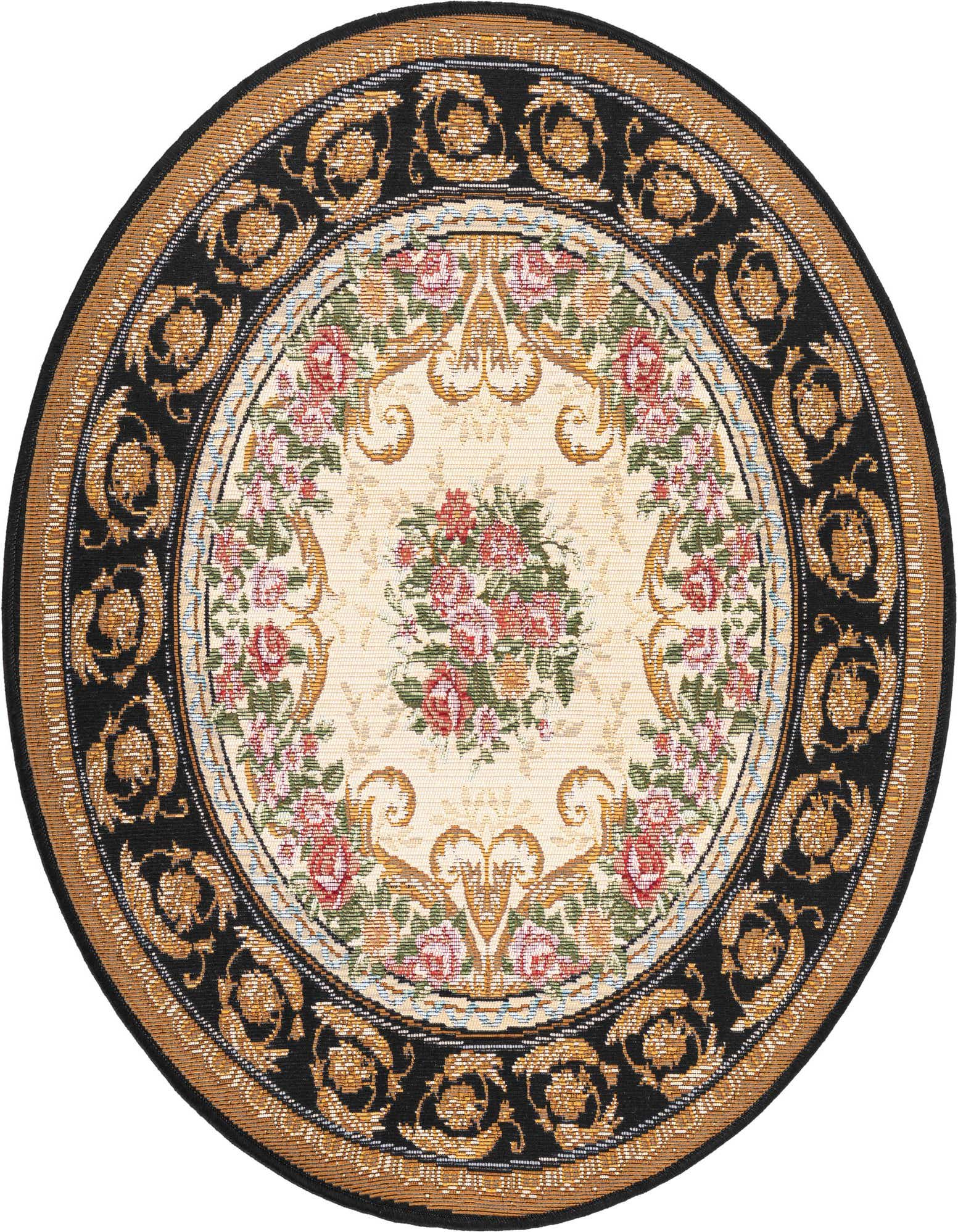 A 3' round black and ivory traditional rug with a central floral medallion and ornate border.