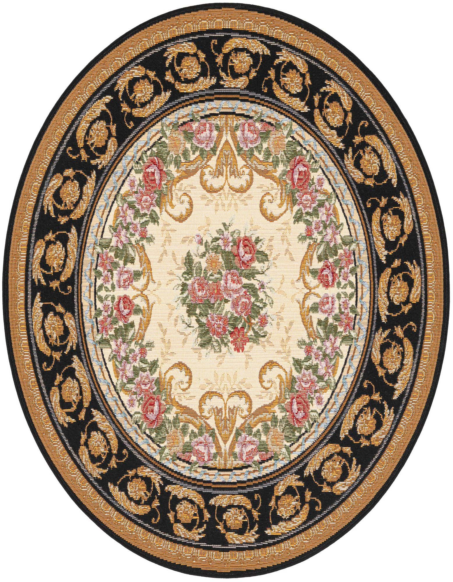 A 4' round black and ivory traditional rug with a central floral medallion and ornate border.