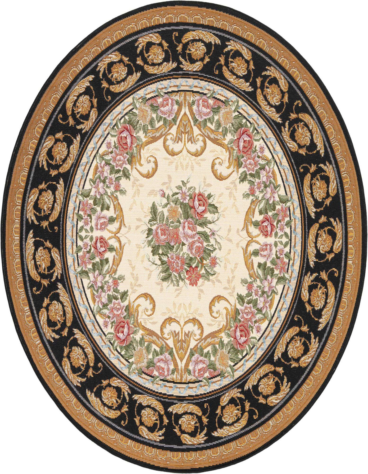 A round 5' black and ivory traditional rug with a central floral medallion and ornate gold border.