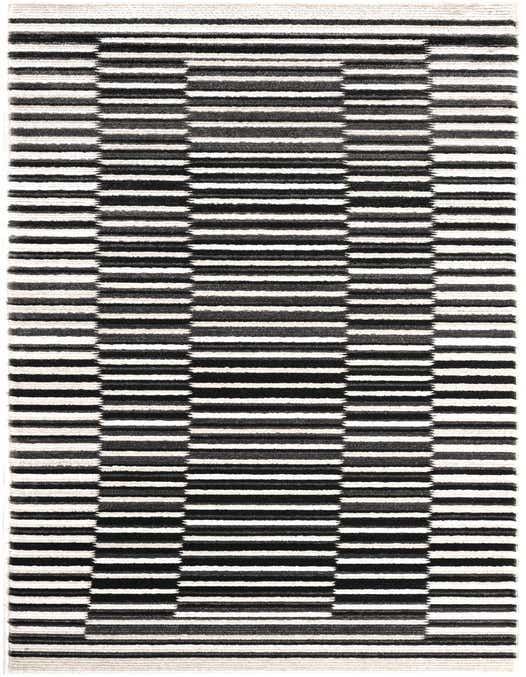 A 10 ft runner rug featuring a modern black and ivory striped pattern with a textured, medium pile.