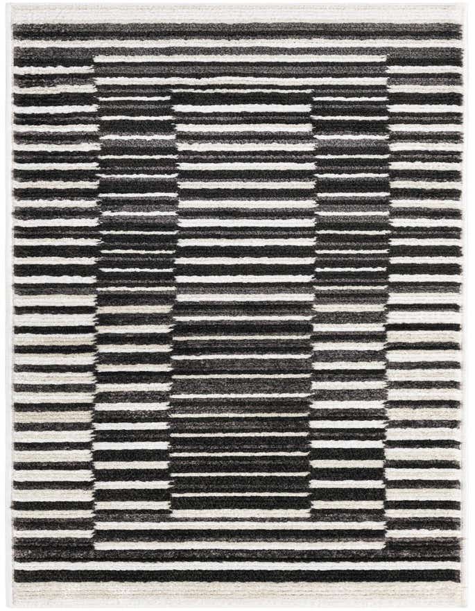 A 6 ft runner rug with a modern geometric pattern of alternating black, charcoal, and ivory horizontal stripes, creating a textured, dynamic look.