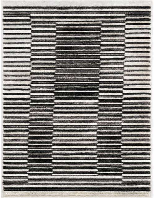 A black, gray, and ivory modern runner rug with horizontal stripes creating a textured geometric pattern, ideal for a hallway.