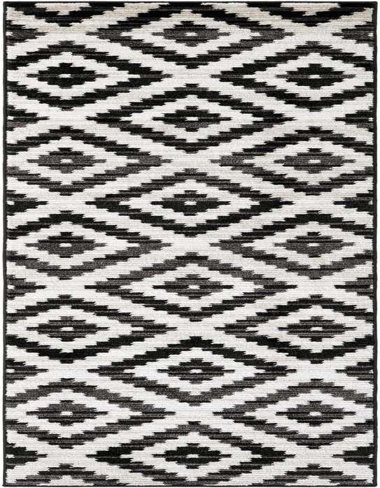 A 10 ft runner rug featuring a modern geometric diamond pattern in black, charcoal, and ivory tones, ideal for a hallway.