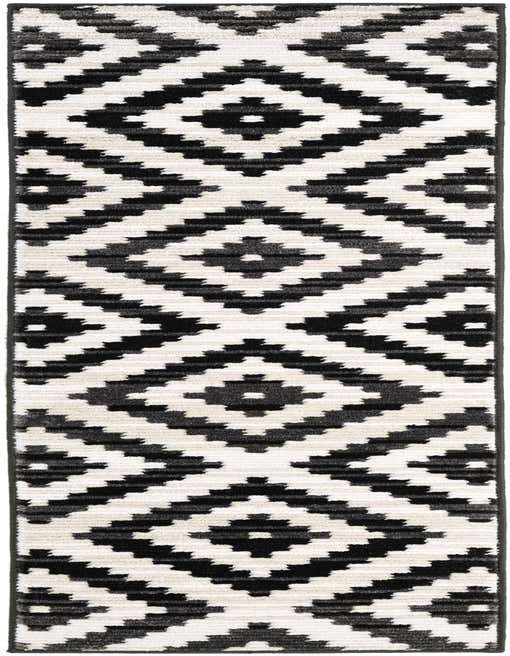 A black and ivory runner rug with a bold geometric diamond pattern, featuring a textured medium pile.