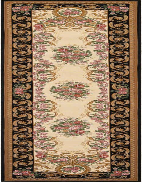 A 12 ft runner rug featuring a cream center with pink and red floral bouquets, framed by a black border with gold scrollwork.
