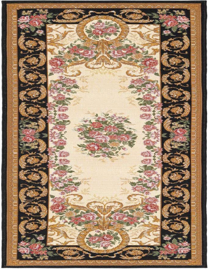 A 6 ft runner rug with a black border featuring gold scrollwork and a cream center with floral and medallion patterns.