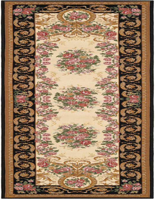 An 8 ft runner rug with a traditional Oriental pattern, featuring a cream center with pink and green floral bouquets, framed by a black border with gold medallion and scrollwork.