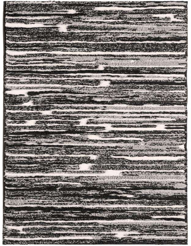 A 6 ft runner rug with a modern abstract pattern in black and ivory, featuring a textured pile.