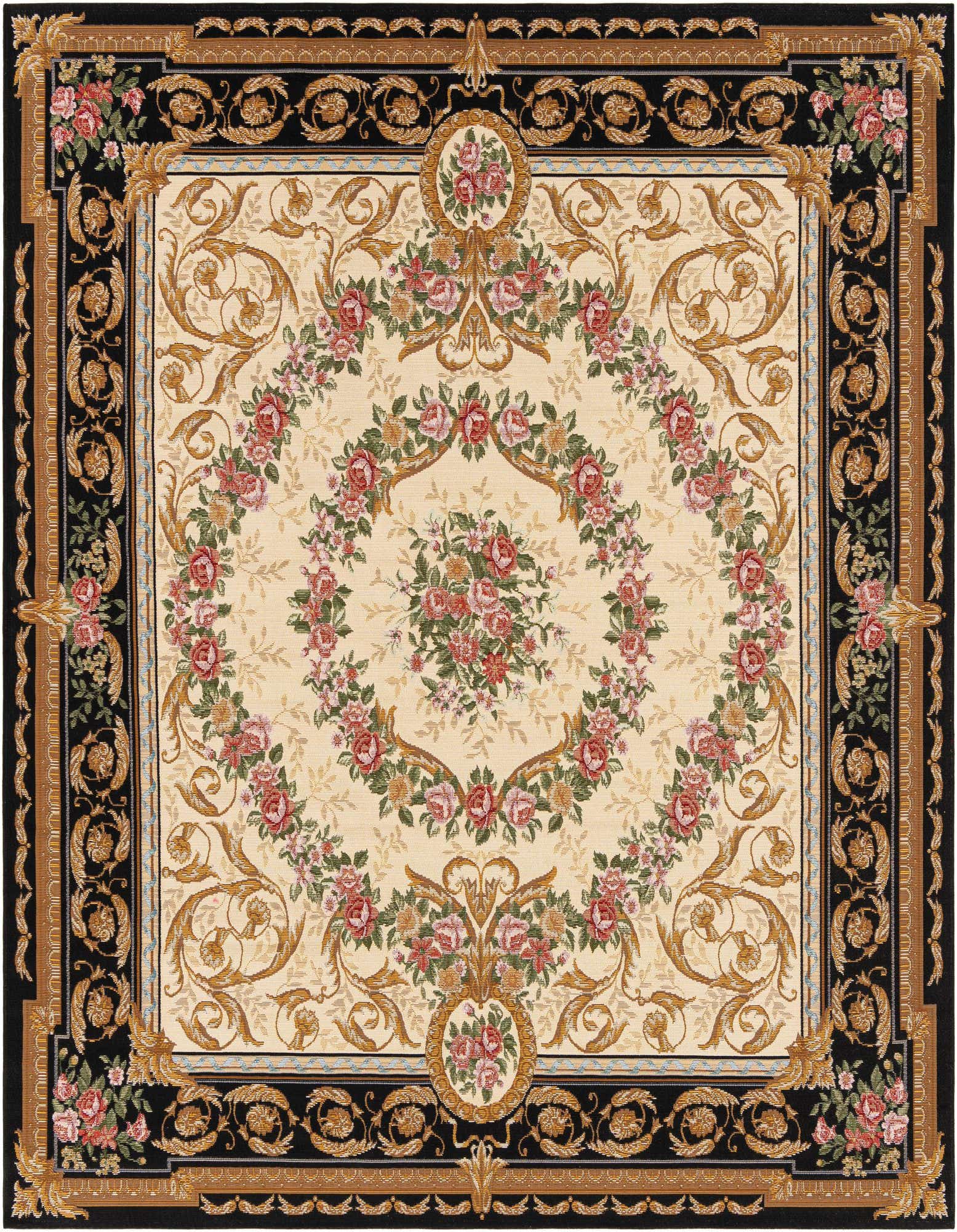 A square 7' 10 x 7' 10 Traditional Oriental rug with a cream field, black border, and intricate floral medallion pattern, ideal for a patio.