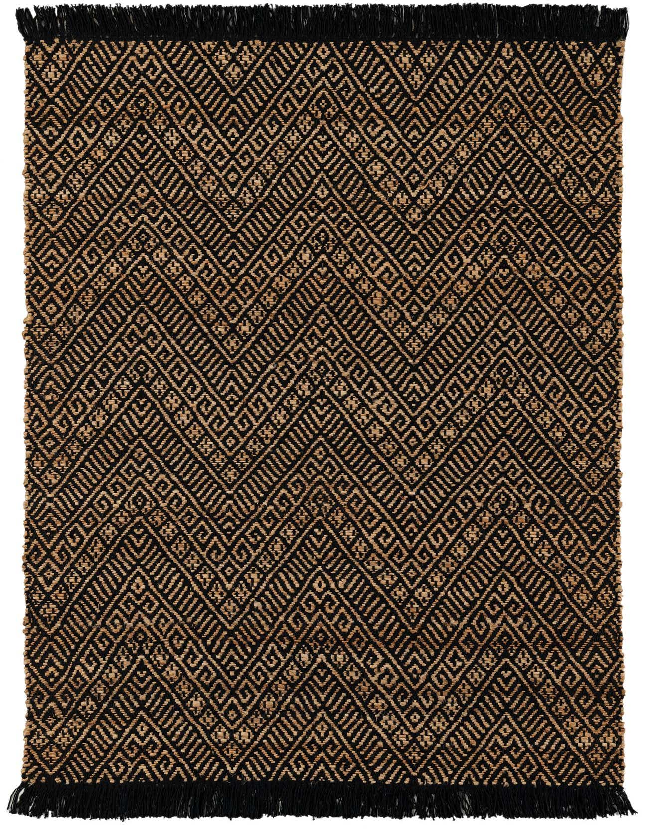 A 4x6 rectangular Braided Jute rug in black and natural tan, featuring a modern geometric pattern and fringed edges.