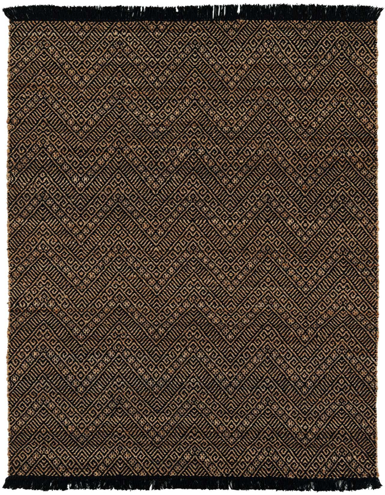 A 6x9 rectangular Rugs.com Braided Jute rug featuring a modern black and natural brown geometric pattern with fringe.