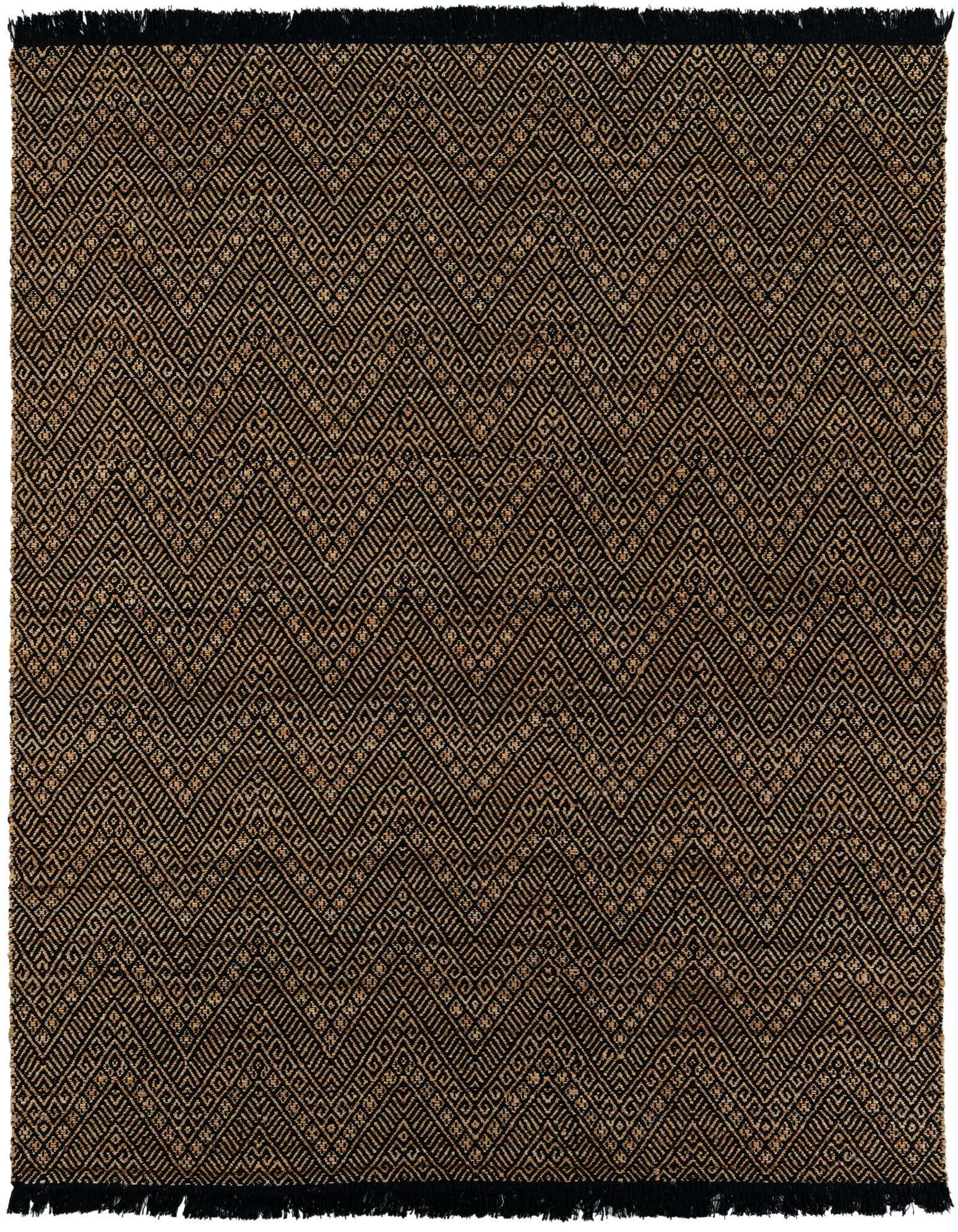 8x10 rectangular Rugs.com Braided Jute rug with a modern black and brown geometric pattern and fringed edges.