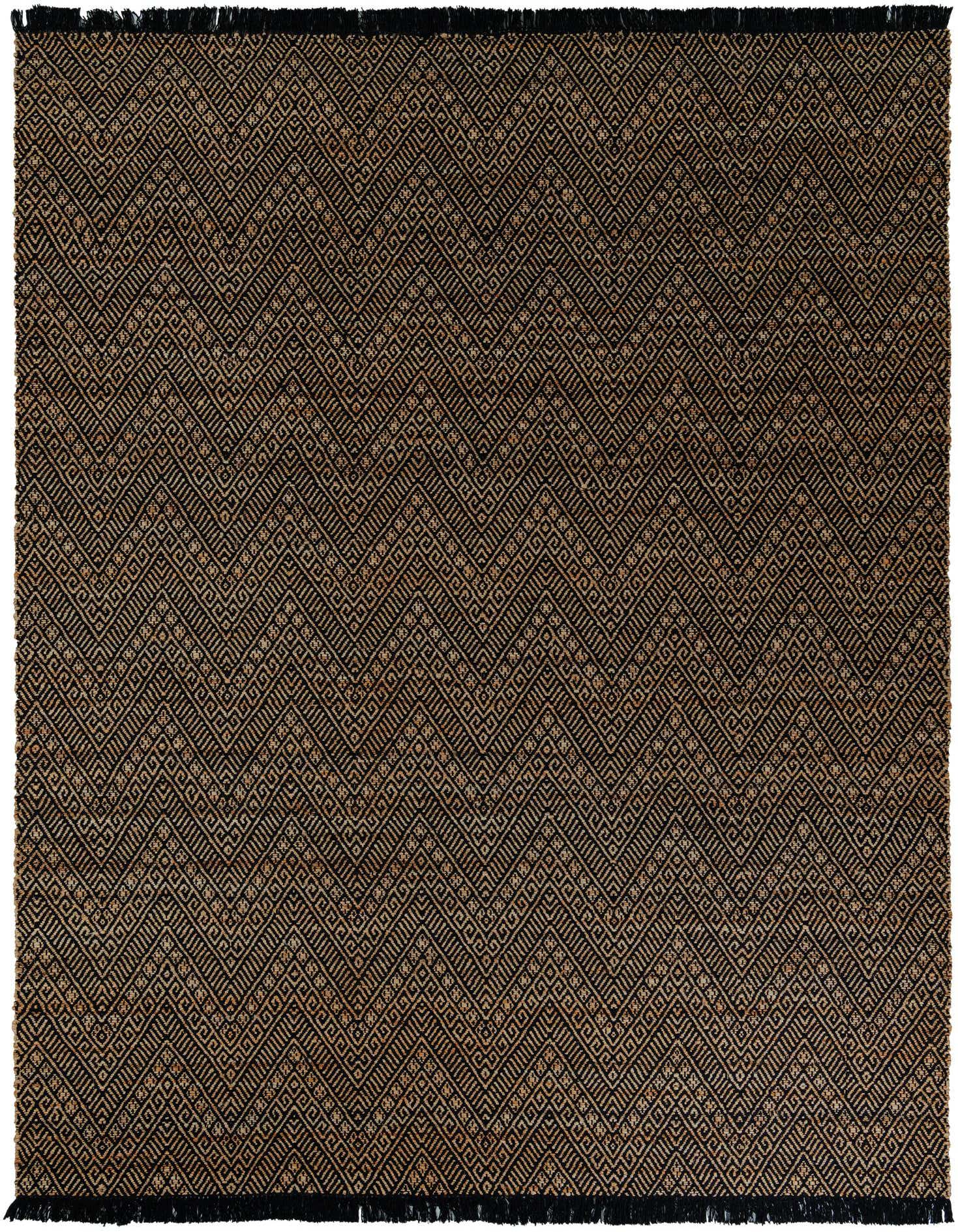 A 9x12 rectangular black and brown jute rug with a modern chevron pattern, featuring a textured flatweave.
