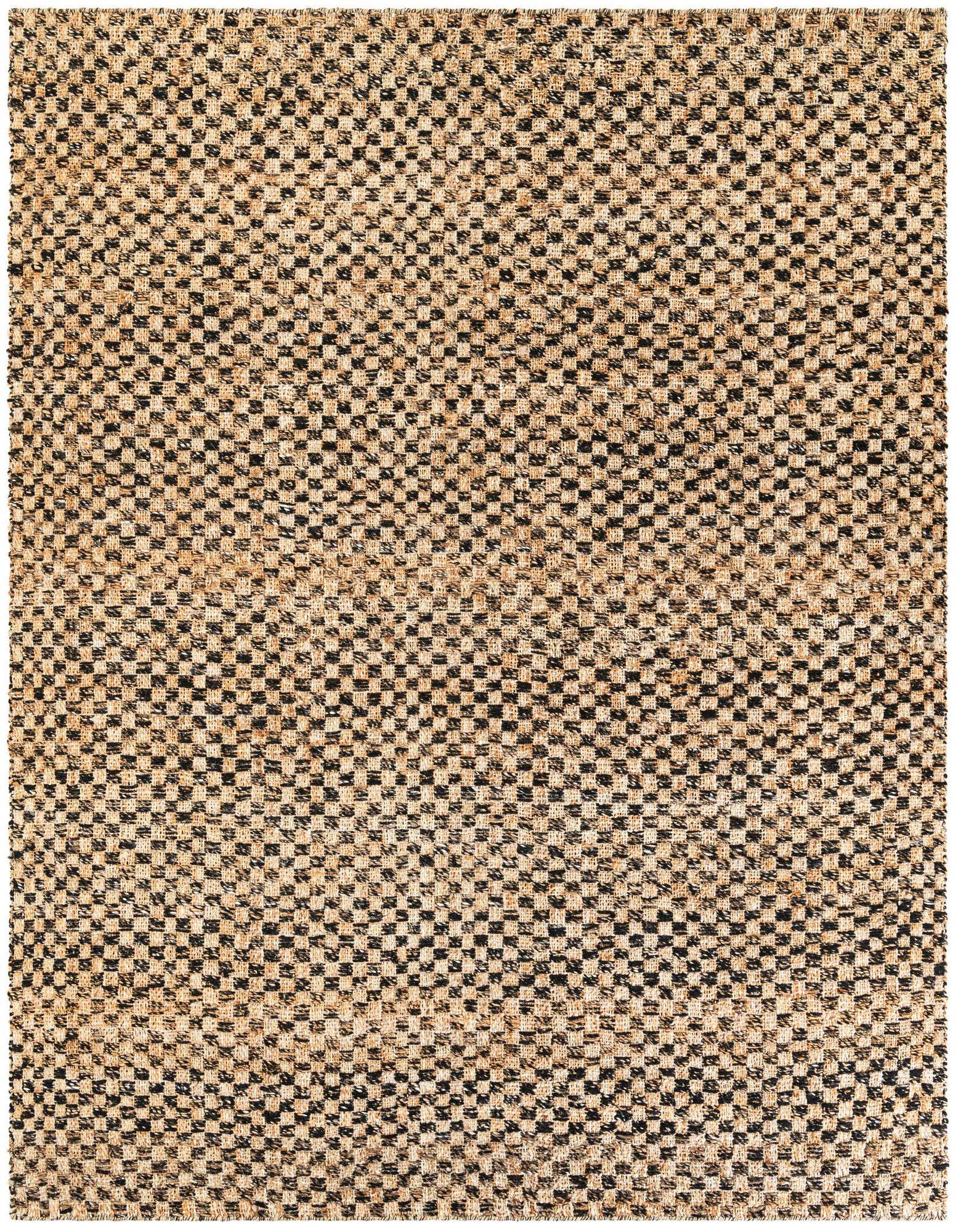 A rectangular 8x10 Checkered Jute Wool rug featuring a modern abstract pattern of black and brown/tan squares.