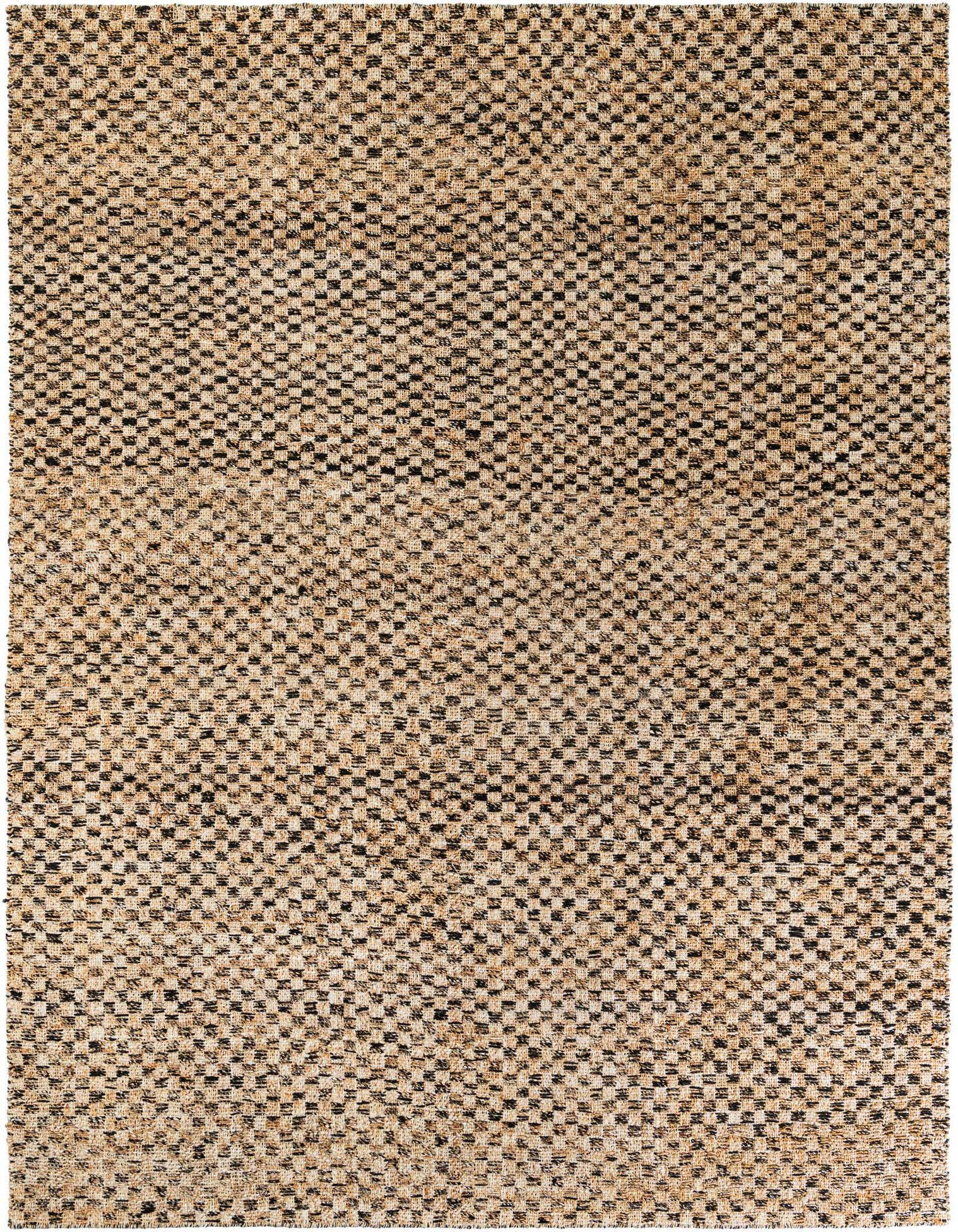A 9x12 rectangular Rugs.com Checkered Jute Wool rug featuring a modern black and brown/tan checkered pattern.