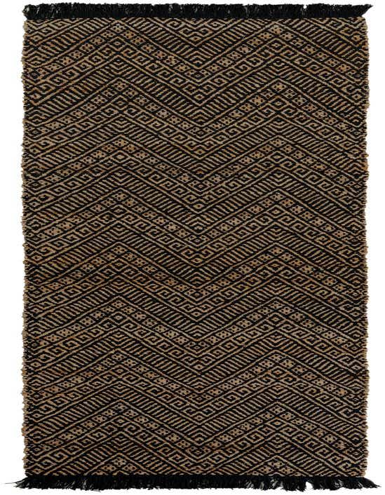 A 10 ft runner rug featuring a modern geometric pattern in black and natural brown jute and cotton, with black fringe.