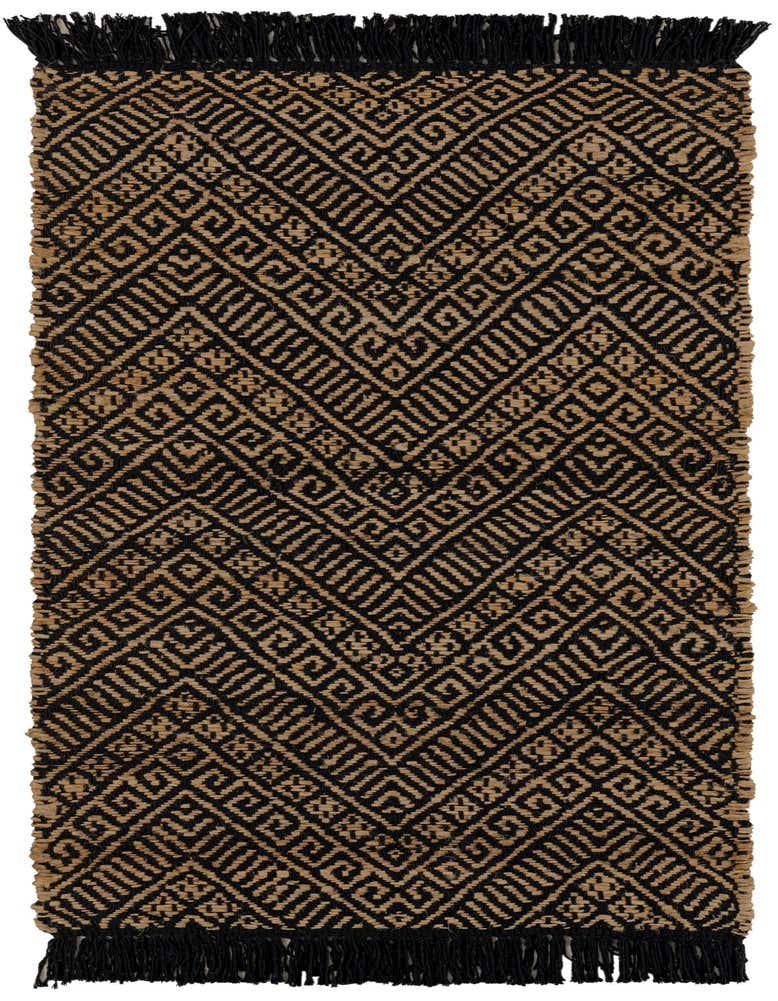 A 5 ft runner rug from the Braided Jute collection, featuring a modern geometric pattern in black and natural brown tones, with black fringe.