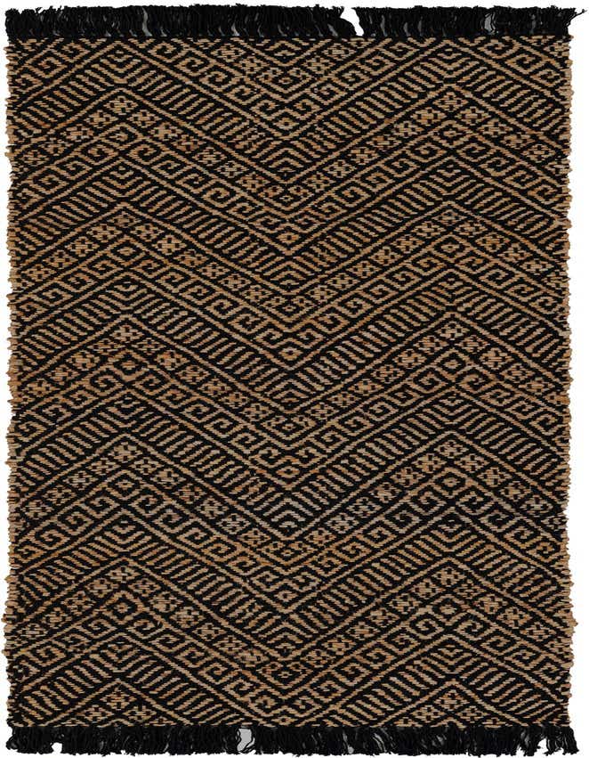 A 6 ft runner rug featuring a modern geometric pattern in black and natural brown jute and cotton, with black fringe.