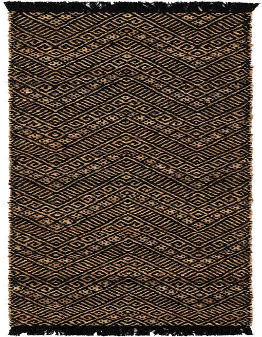 A black and tan 8 ft runner rug with a modern geometric pattern and fringed ends, ideal for a hallway or kitchen.