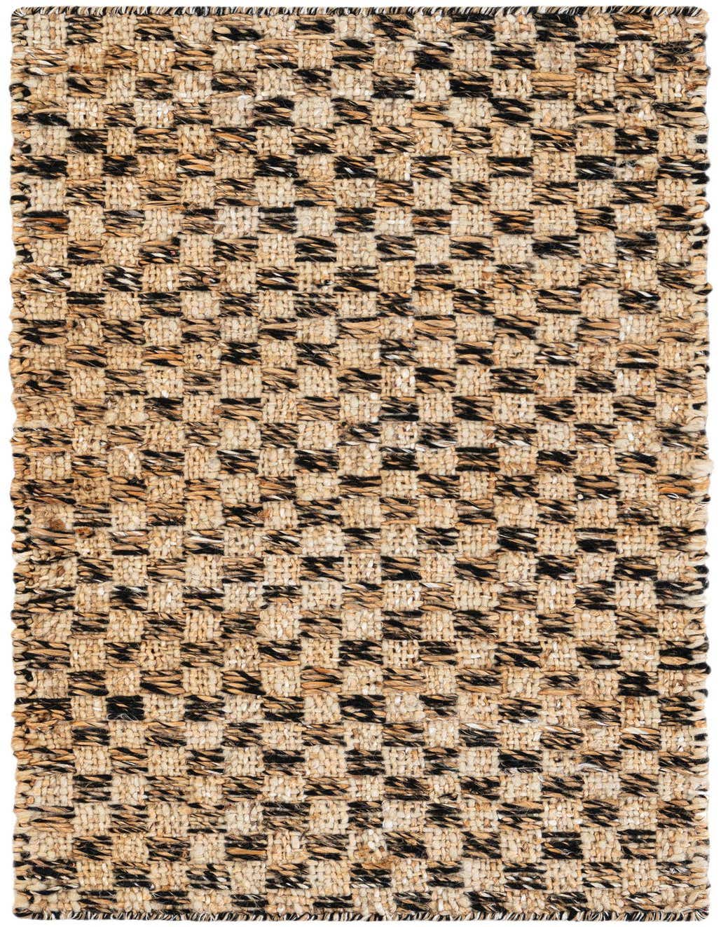 A close-up of a 4 ft runner rug featuring a checkered pattern in natural jute and black wool, showcasing its textured, flatweave construction.