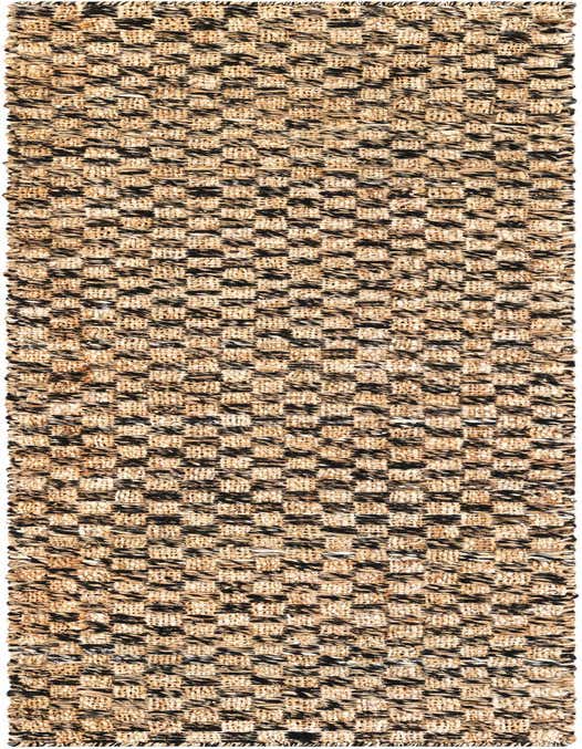 A handmade 8 ft runner rug featuring a modern checkered pattern in black and natural brown jute and wool.