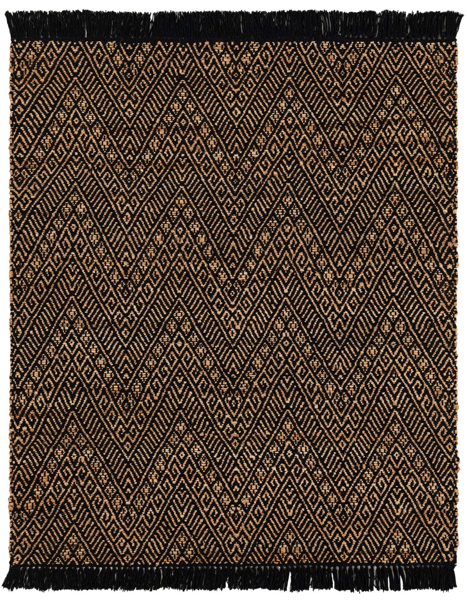 A 5'1" x 5'1" square black and tan jute rug with a modern geometric pattern and black fringe.