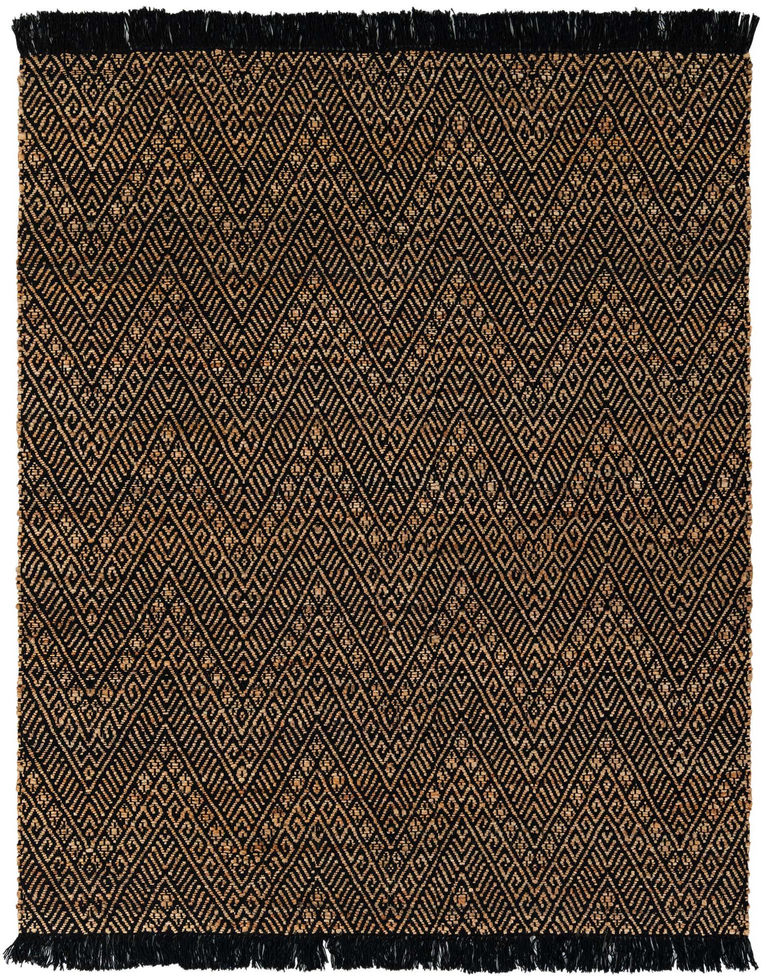 A 6'1" x 6'1" square black and tan jute rug with a modern geometric pattern and black fringe.