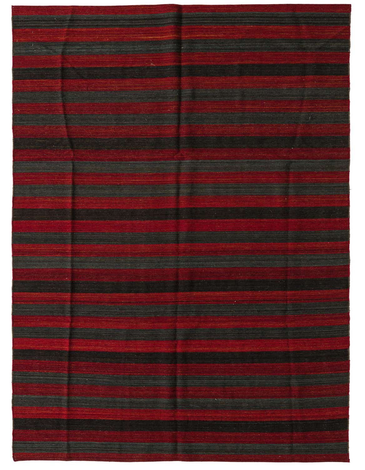 A 6x9 rectangular Kilim Modern rug featuring bold horizontal stripes in varying shades of red and black, ideal for a living room.