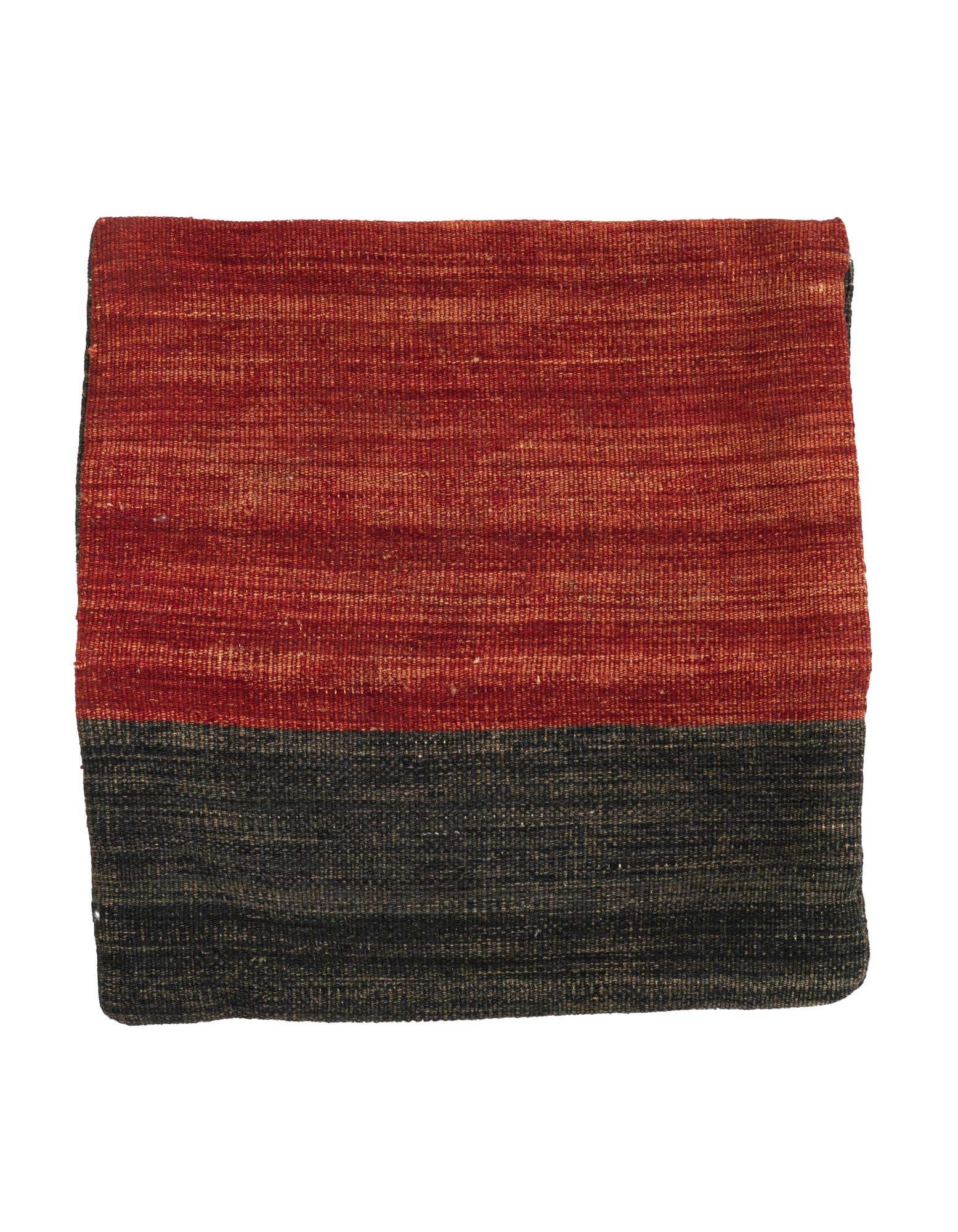 A 1' 5 x 1' 6 square wool rug featuring a bold horizontal stripe pattern in deep reds and black.