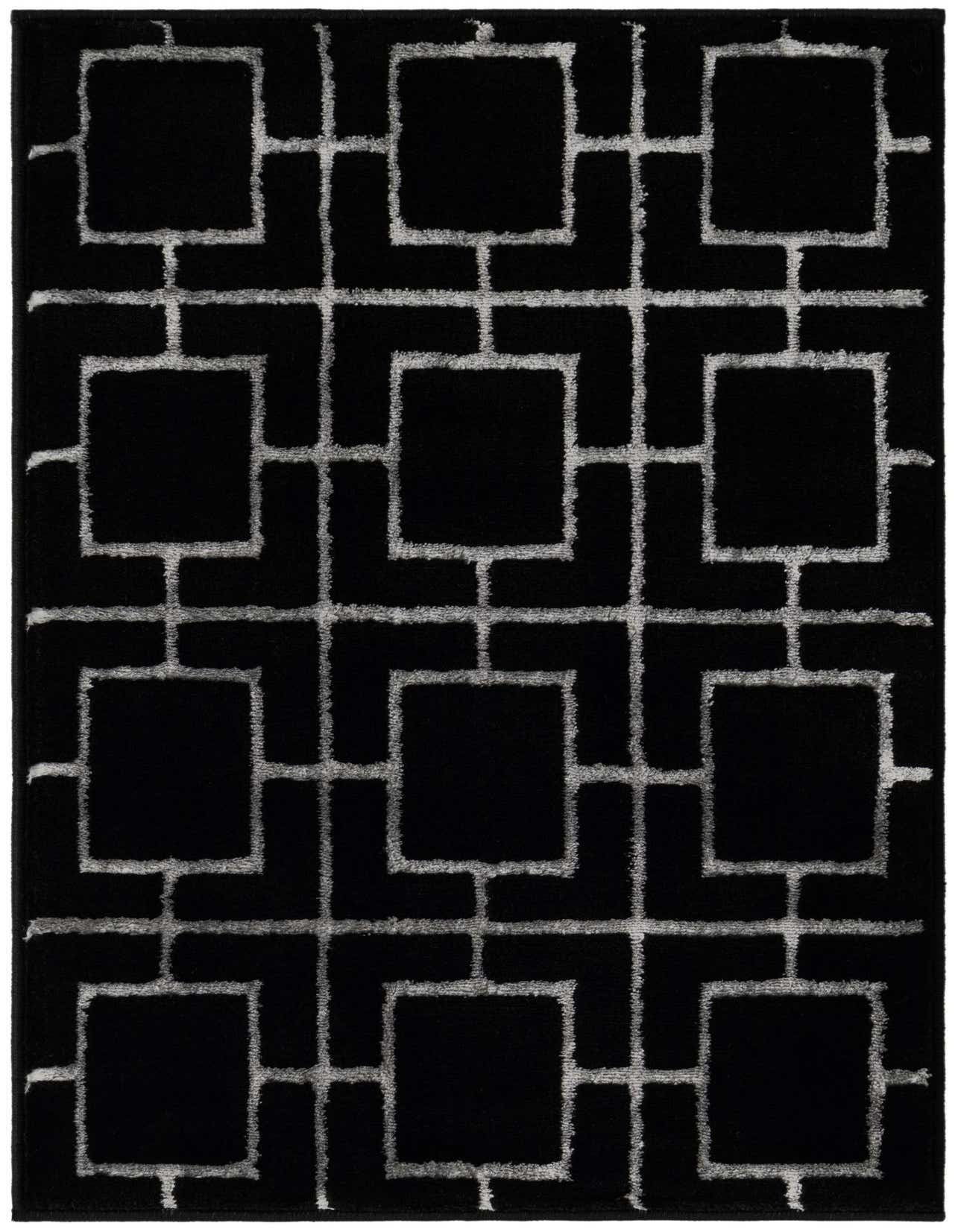 A 2x3 rectangular black and silver modern area rug with a geometric trellis pattern, featuring a textured pile.