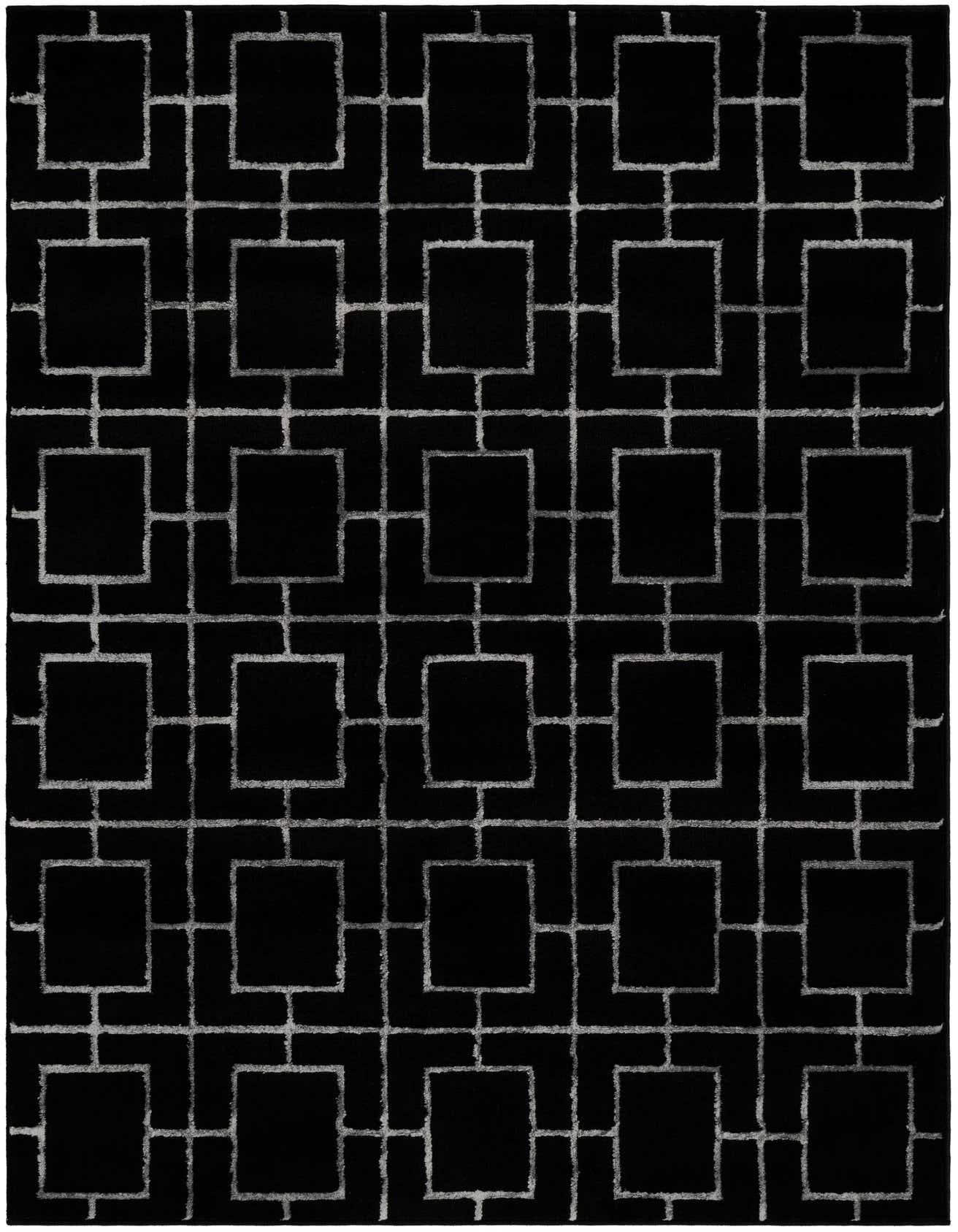 A 4x6 rectangular Marilyn Monroe Glam Trellis rug featuring a modern black background with a silver geometric trellis pattern.