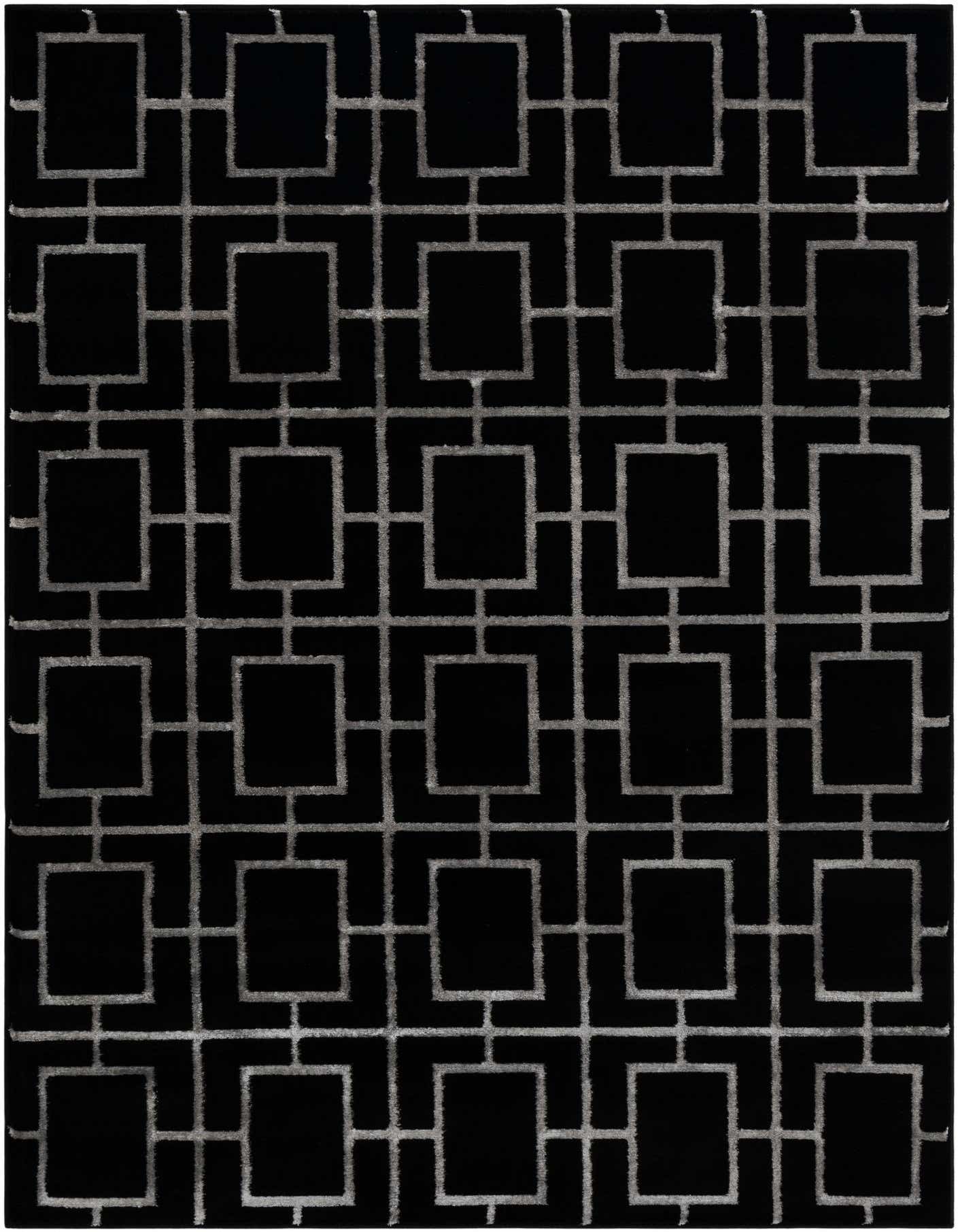 A 5x7 rectangular black and silver modern area rug with a repeating geometric trellis pattern, suitable for a living room.