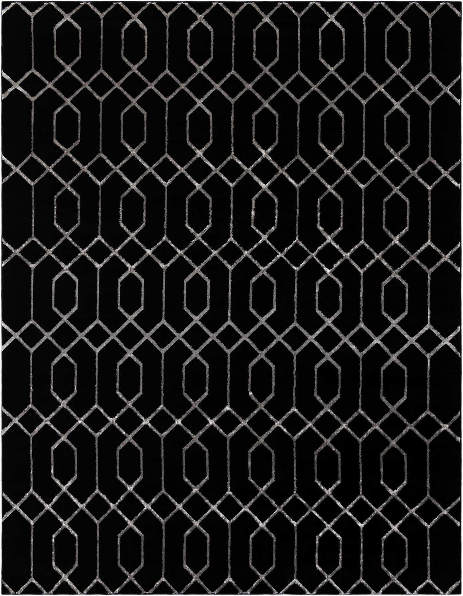 A 10x13 rectangular black and silver modern area rug featuring a repeating geometric trellis pattern.