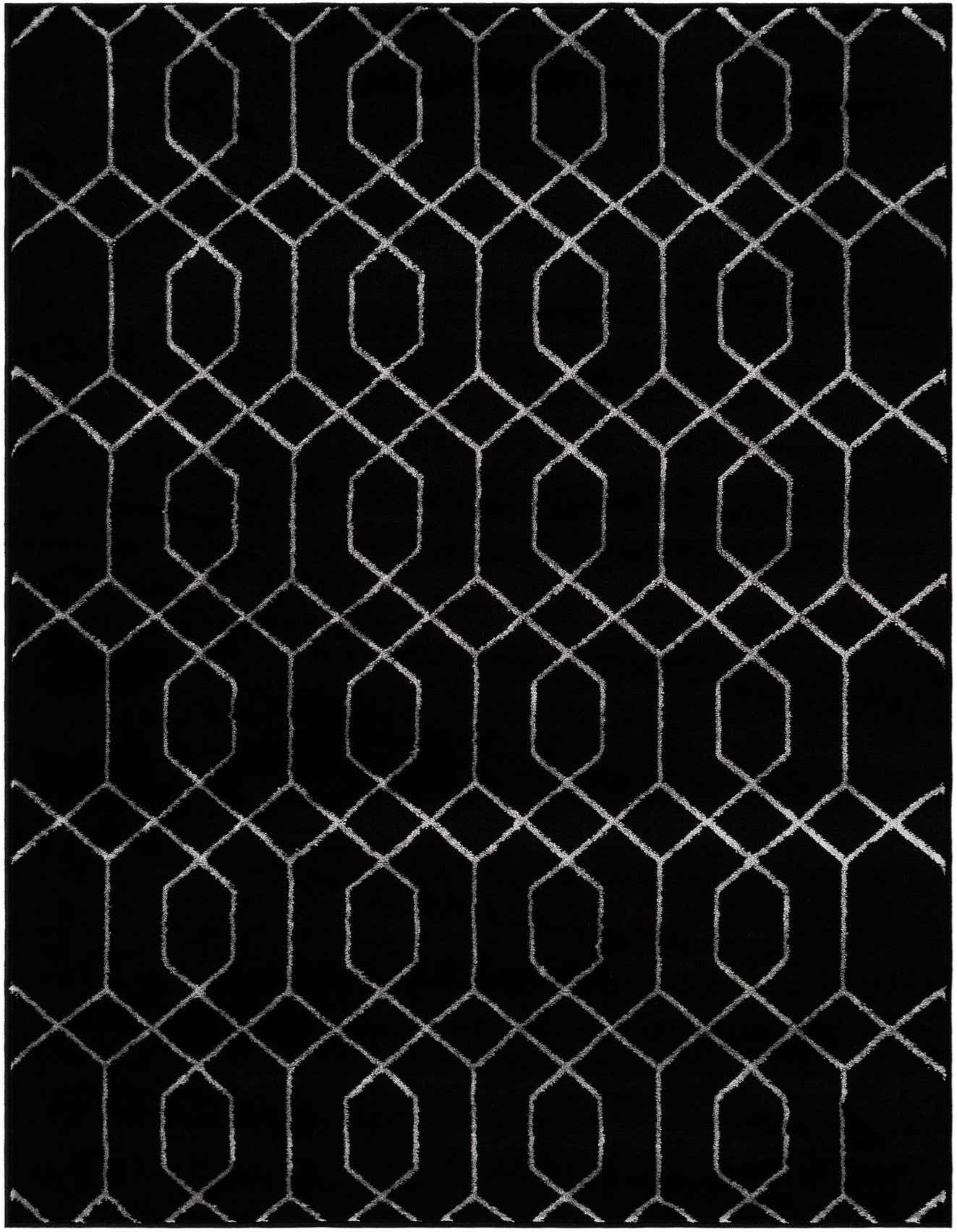 A 4x6 rectangular black rug with a silver modern geometric trellis pattern, suitable for a living room or bedroom.