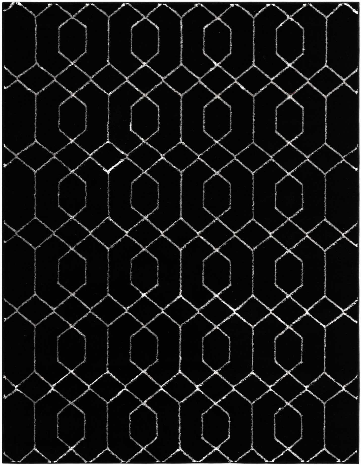 A 5x7 rectangular black rug with a silver modern geometric trellis pattern, suitable for a living room or patio.