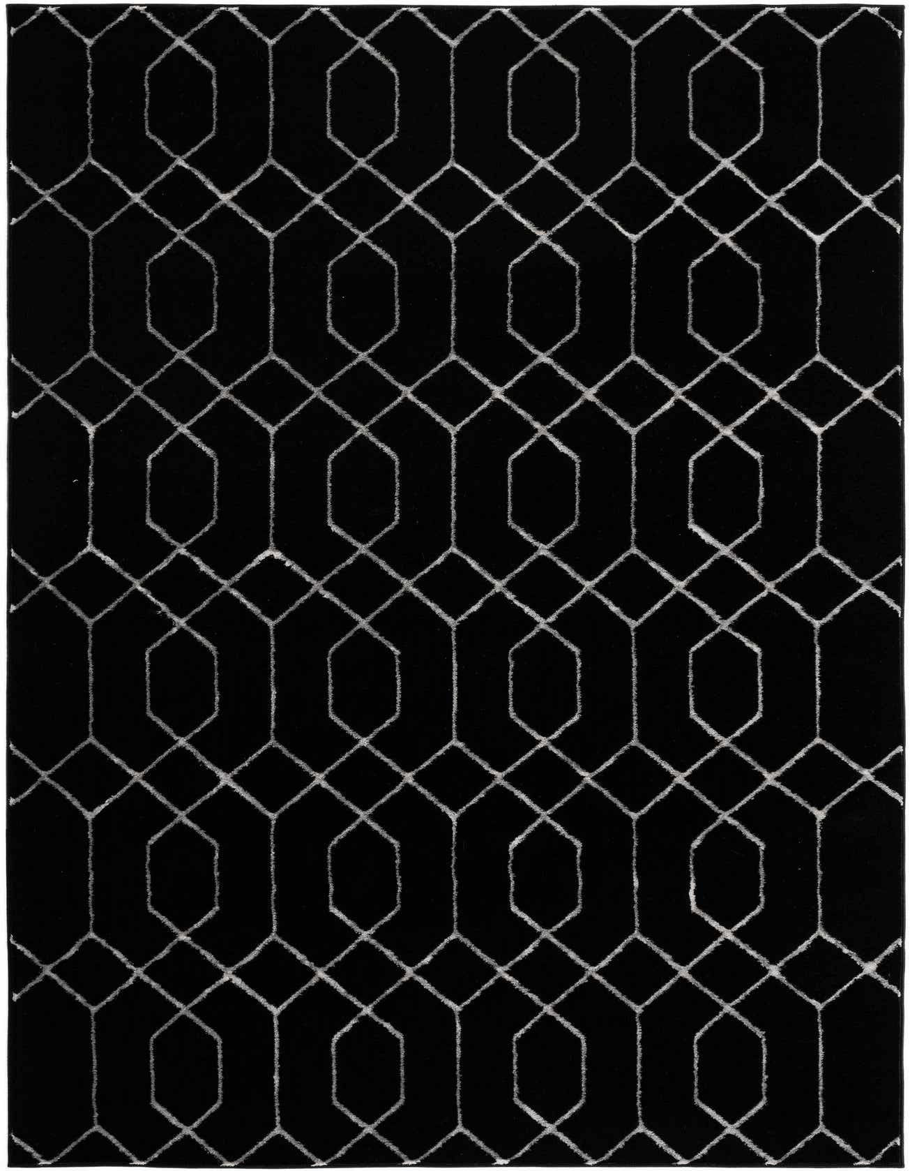 A 5x8 rectangular black rug with a silver modern trellis pattern, featuring a medium, textured pile.
