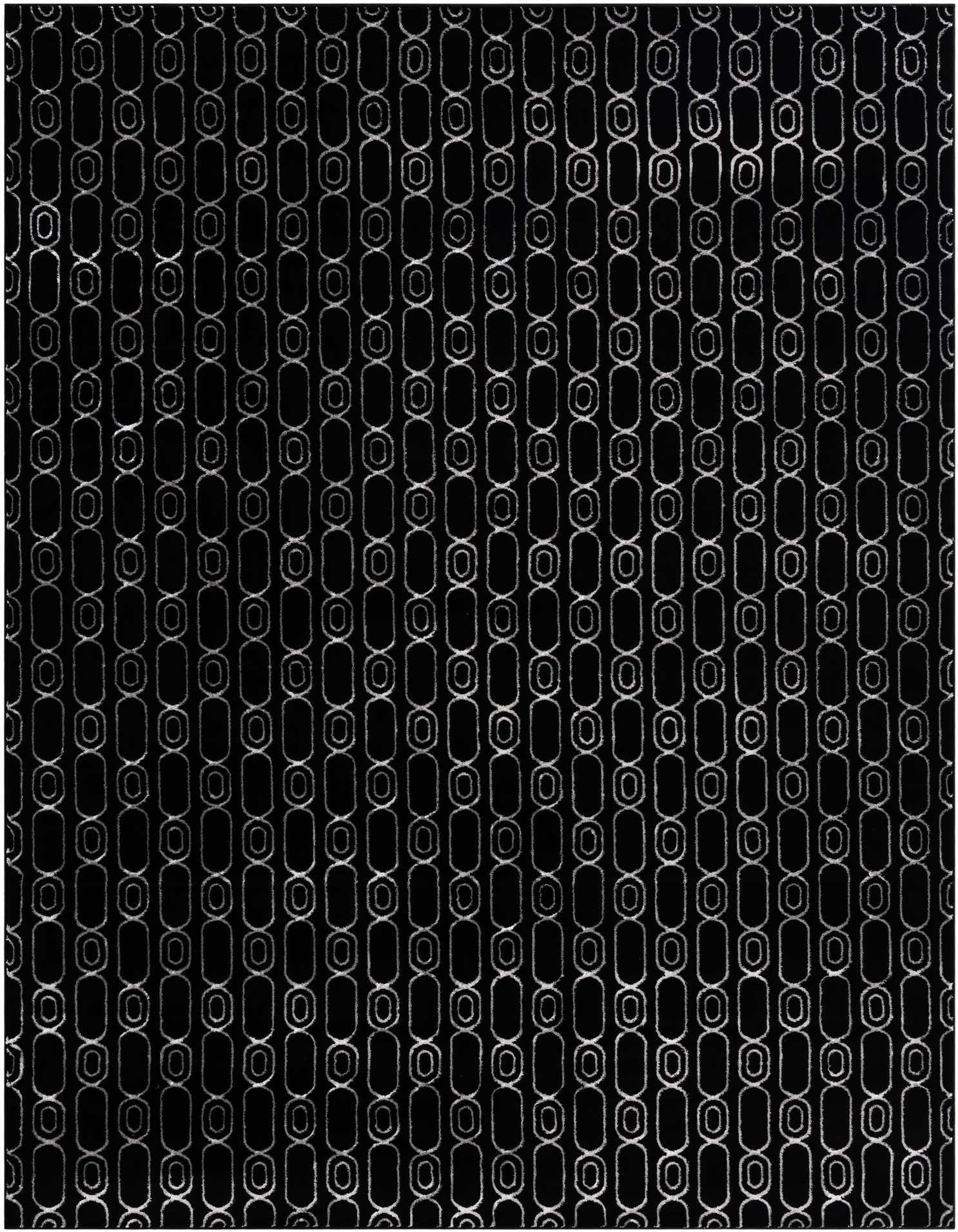 A 10x13 rectangular black and silver area rug with a repeating geometric chain-link pattern, suitable for a modern living room.