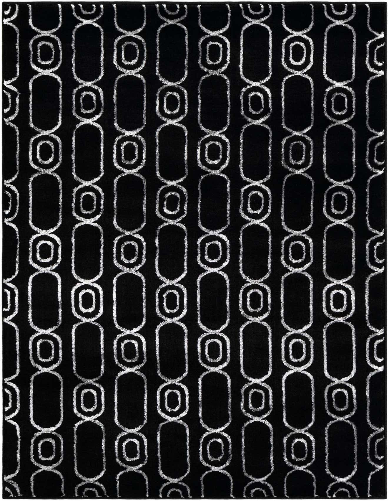 A 4x6 rectangular black rug with a repeating silver geometric chain-link pattern, ideal for a modern living room.