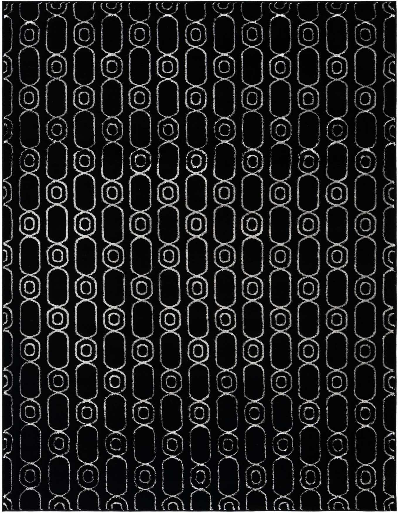 A 6x9 rectangular black and silver area rug with a repeating geometric chain-link pattern, suitable for a modern living room or bedroom.